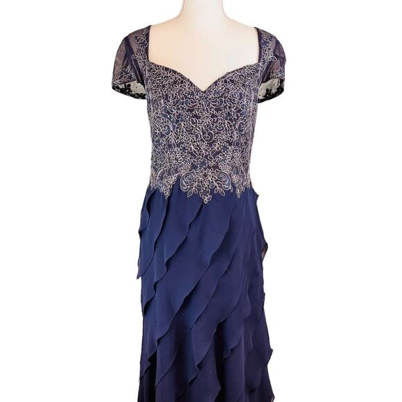 XSCAPE‎ Blue Sheer Cap Sleeve Floral Dress Gown 10 Tiered Ruffles Wedding Prom - Picture 11 of 16